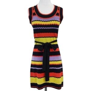 Milly Striped Sleeveless Knee Length Knit Shift Dress Black Orange Sz S